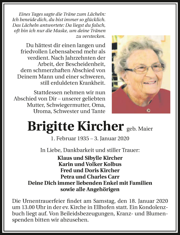  Traueranzeige für Brigitte Kircher vom 11.01.2020 aus 