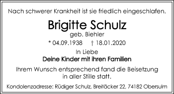 Traueranzeige von Brigitte Schulz 
