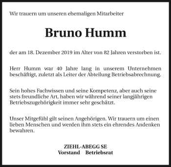 Traueranzeige von Bruno Humm 