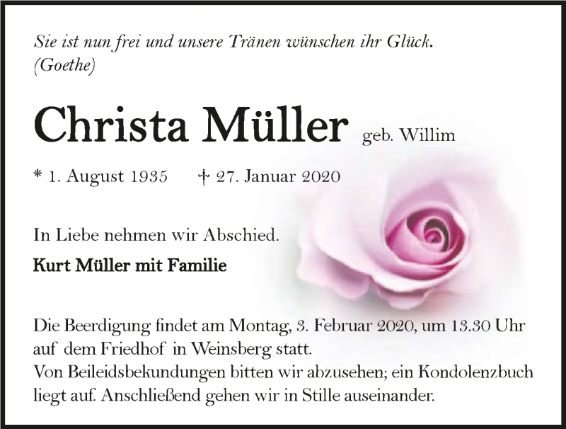  Traueranzeige für Christa Müller vom 29.01.2020 aus 