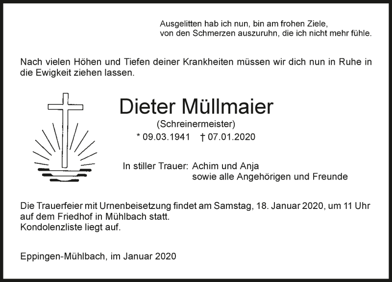  Traueranzeige für Dieter Müllmaier vom 14.01.2020 aus 