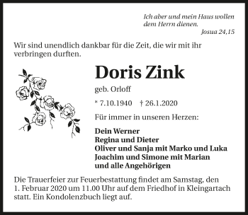 Traueranzeige von Doris Zink 