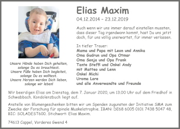 Traueranzeige von Elias Maxim 