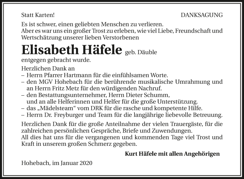  Traueranzeige für Elisabeth Häfele vom 18.01.2020 aus 