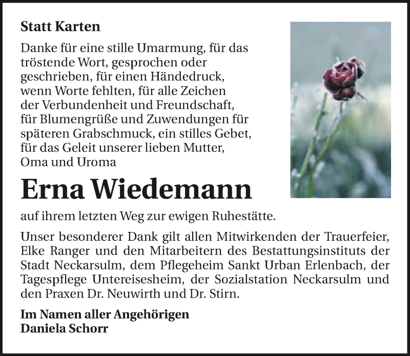  Traueranzeige für Erna Wiedemann vom 11.01.2020 aus 