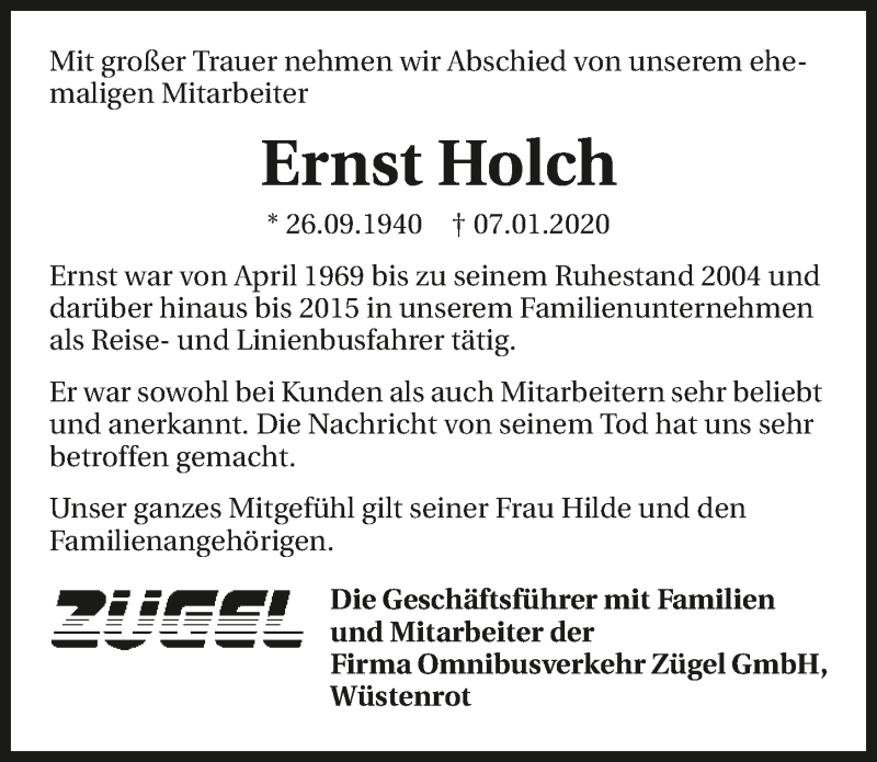 Traueranzeige für Ernst Holch vom 09.01.2020 aus 