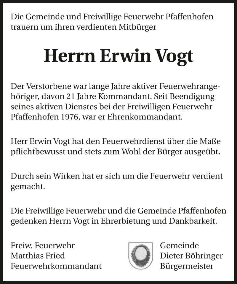  Traueranzeige für Erwin Vogt vom 21.01.2020 aus 