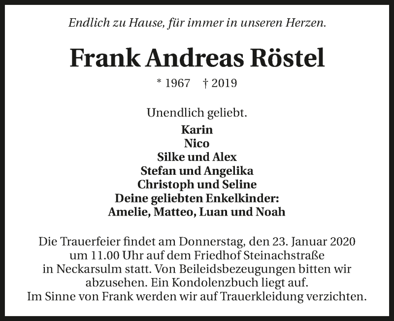  Traueranzeige für Frank Andreas Röstel vom 18.01.2020 aus 
