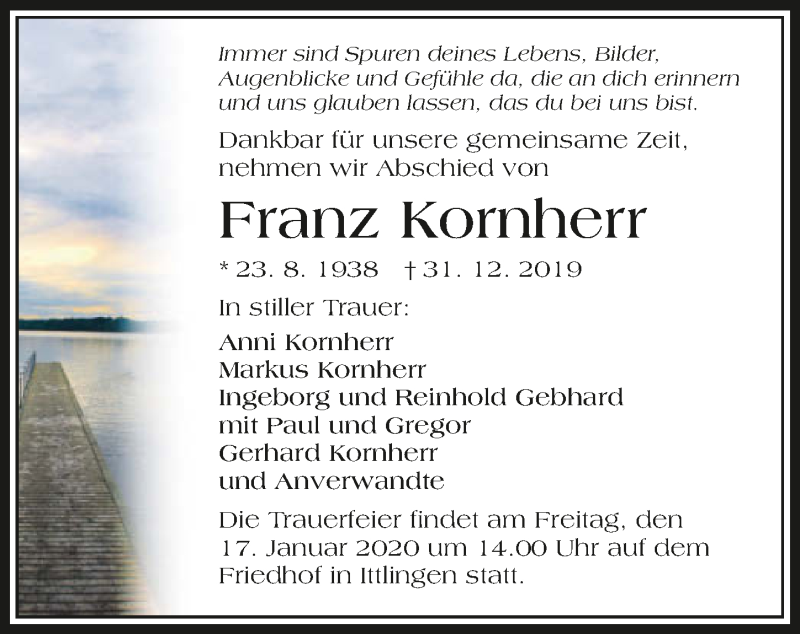  Traueranzeige für Franz Kornherr vom 15.01.2020 aus 