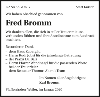 Traueranzeige von Fred Bromm 