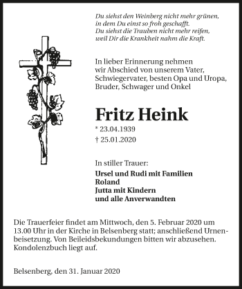 Traueranzeige von Fritz Heink 