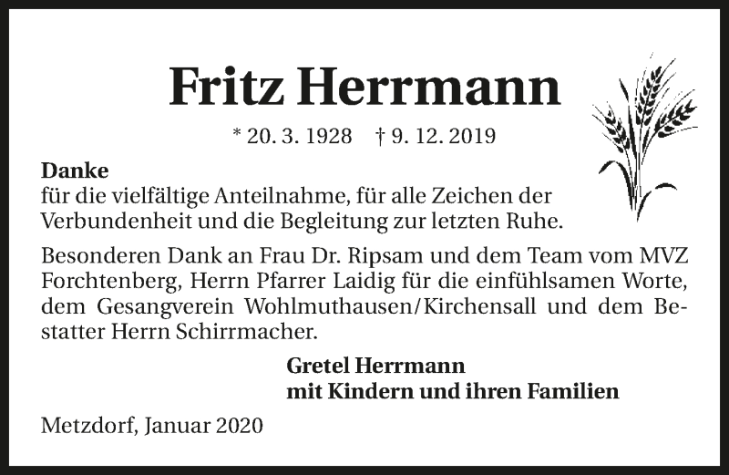  Traueranzeige für Fritz Herrmann vom 22.01.2020 aus 