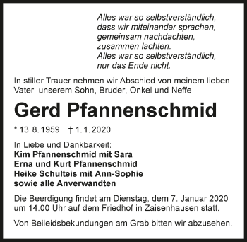 Traueranzeige von Gerd Pfannenschmid 