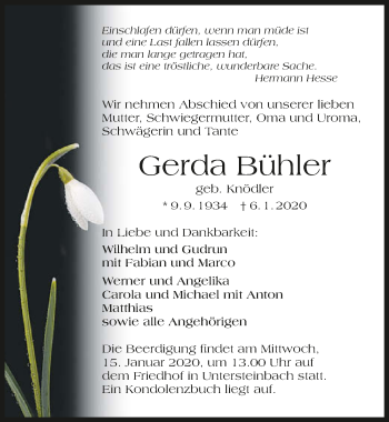 Traueranzeige von Gerda Bühler 