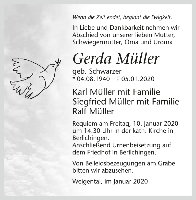  Traueranzeige für Gerda Müller vom 09.01.2020 aus 