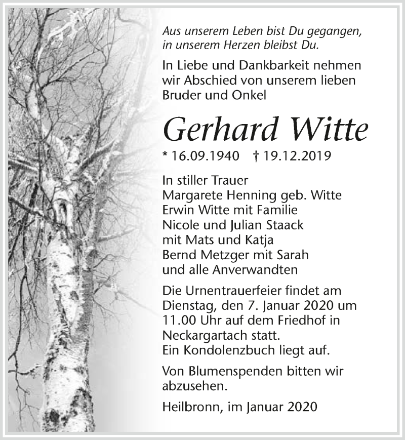  Traueranzeige für Gerhard Witte vom 03.01.2020 aus 