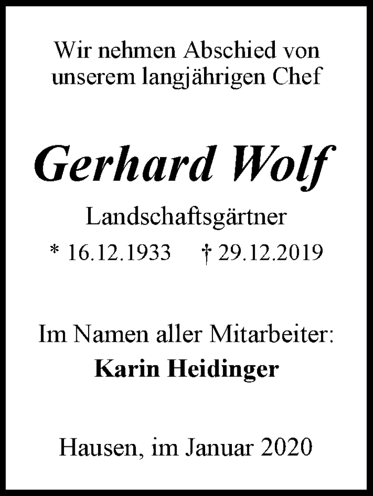  Traueranzeige für Gerhard Wolf vom 09.01.2020 aus 