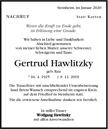 Traueranzeige von Gertrud Hawlitzky 