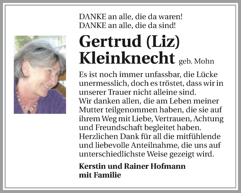  Traueranzeige für Gertrud Kleinknecht vom 17.01.2020 aus 