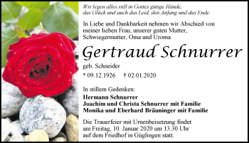 Traueranzeige von Gertrud Schnurrer 