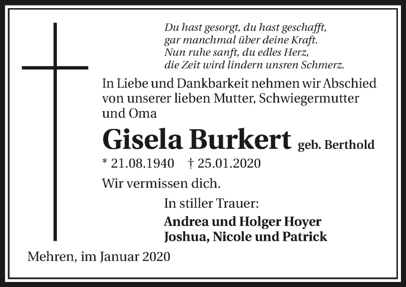  Traueranzeige für Gisela Burkert vom 28.01.2020 aus 