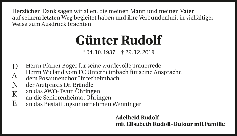  Traueranzeige für Günter Rudolf vom 25.01.2020 aus 