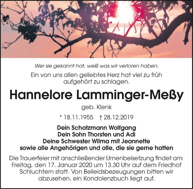  Traueranzeige für Hannelore Lamminger-Meßy vom 15.01.2020 aus 