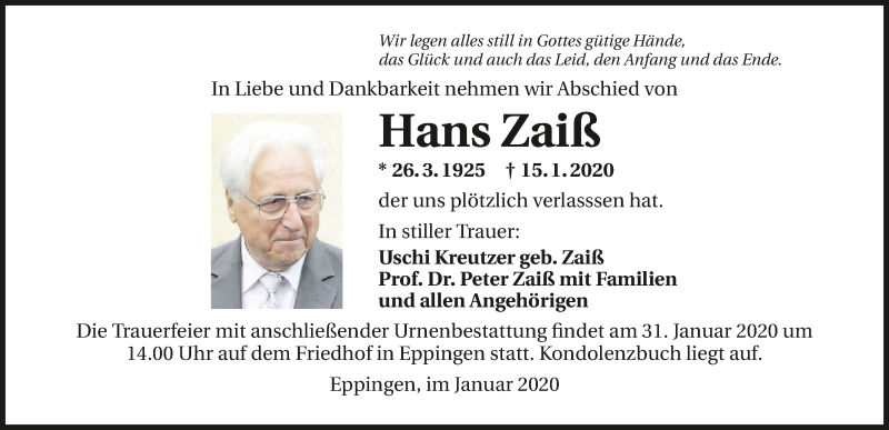  Traueranzeige für Hans Zaiß vom 25.01.2020 aus 