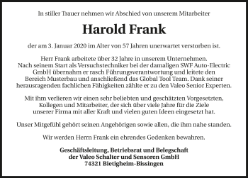 Traueranzeige von Harold Frank 
