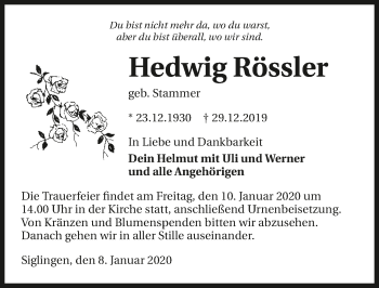 Traueranzeige von Hedwig Rössler 