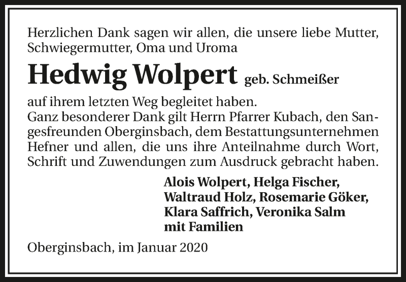  Traueranzeige für Hedwig Wolpert vom 25.01.2020 aus 