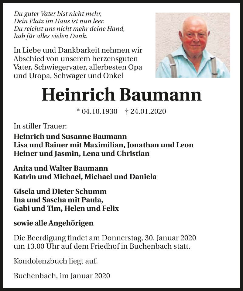  Traueranzeige für Heinrich Baumann vom 28.01.2020 aus 
