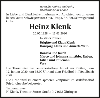 Traueranzeige von Heinz Klenk 