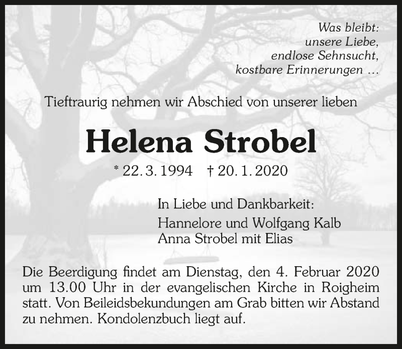  Traueranzeige für Helena Strobel vom 30.01.2020 aus 