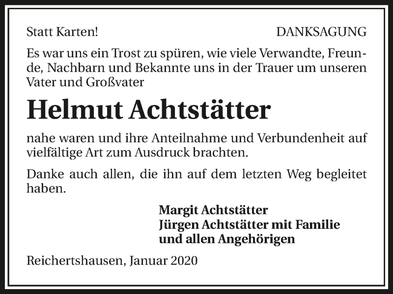  Traueranzeige für Helmut Achtstätter vom 04.01.2020 aus 
