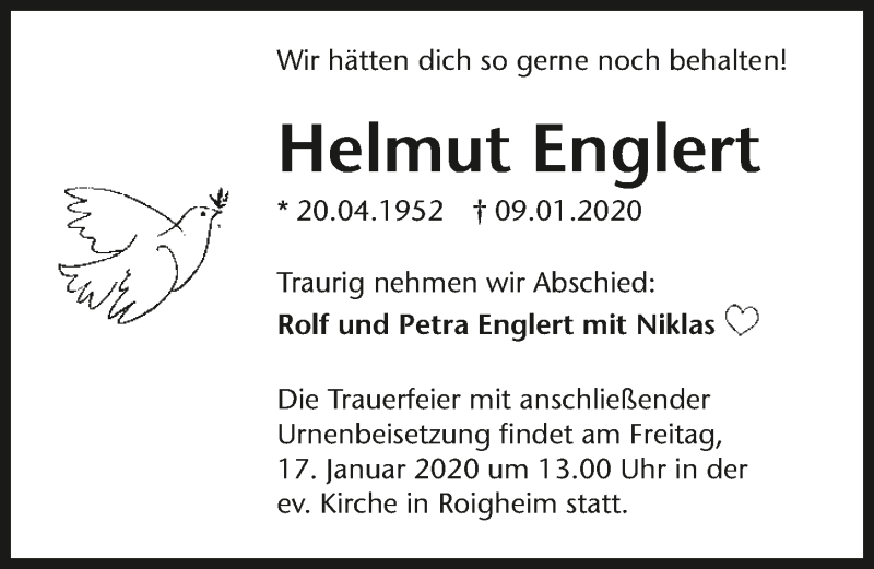  Traueranzeige für Helmut Englert vom 15.01.2020 aus 