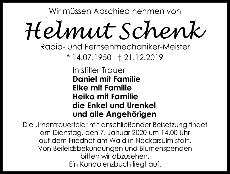  Traueranzeige für Helmut Schenk vom 04.01.2020 aus 
