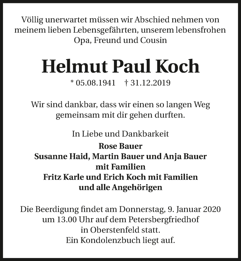  Traueranzeige für Helmut Paul Koch vom 04.01.2020 aus 