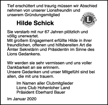 Traueranzeige von Hilde Schick 