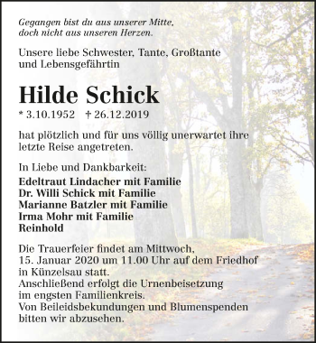 Traueranzeige von Hilde Schick 