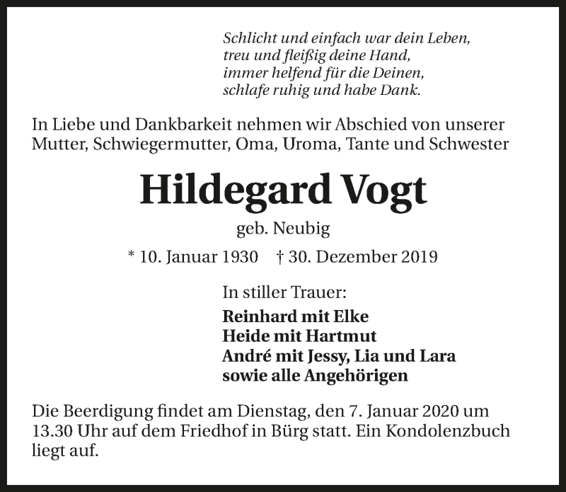  Traueranzeige für Hildegard Vogt vom 03.01.2020 aus 