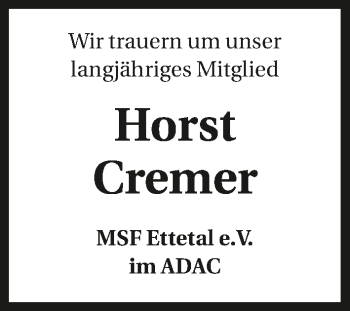 Traueranzeige von Horst Cremer 