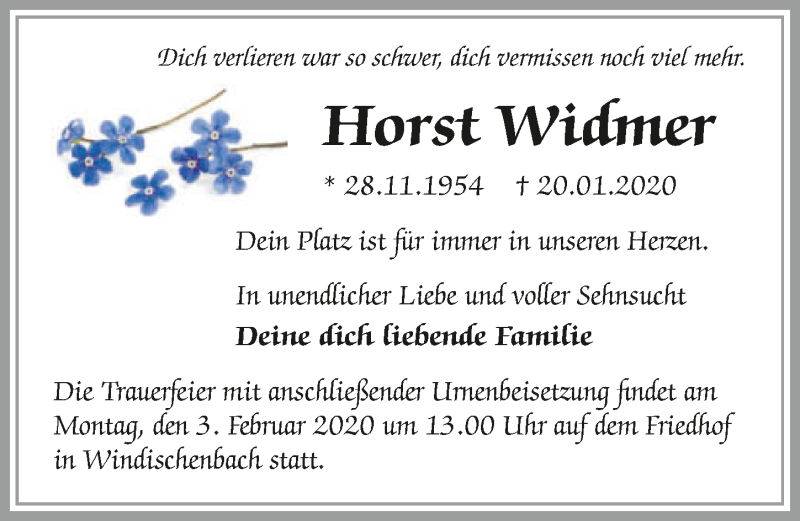  Traueranzeige für Horst Widmer vom 29.01.2020 aus 