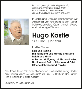 Traueranzeige von Hugo Kästle 