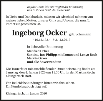 Traueranzeige von Ingeborg Ocker 