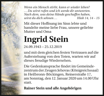 Traueranzeige von Ingrid Stein 