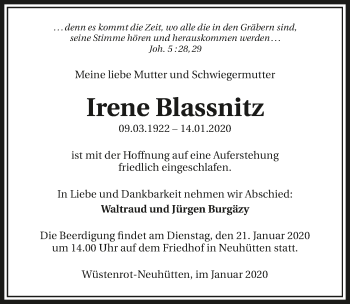 Traueranzeige von Irene Blassnitz 