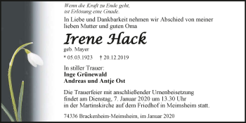 Traueranzeige von Irene Hack 
