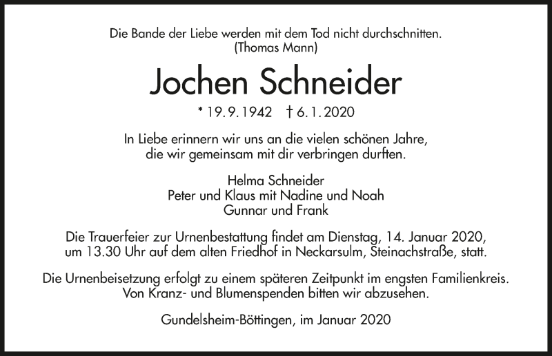  Traueranzeige für Jochen Schneider vom 11.01.2020 aus 