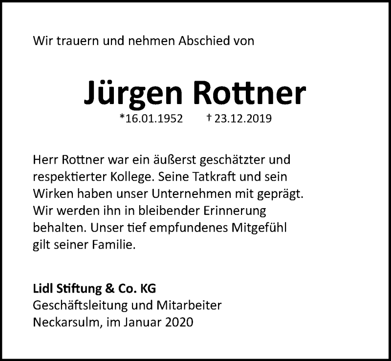  Traueranzeige für Jürgen Rottner vom 02.01.2020 aus 